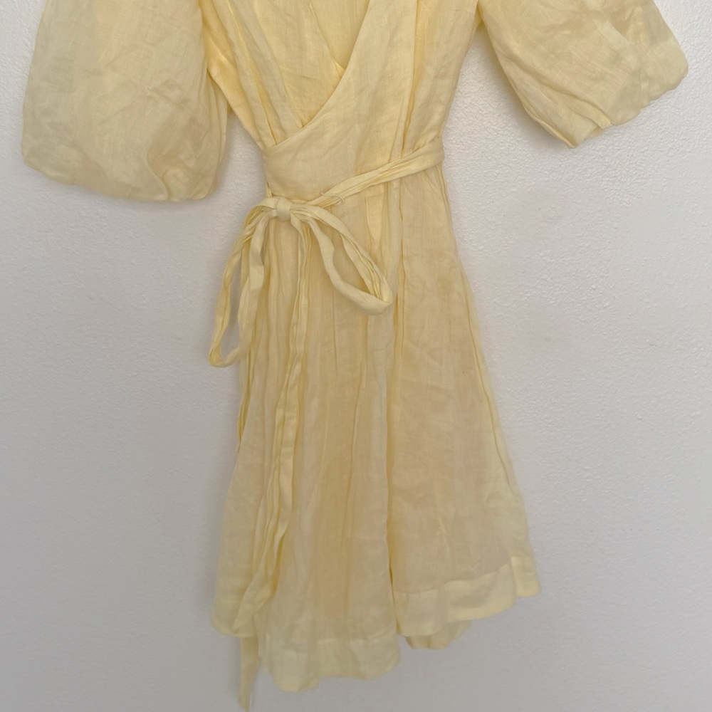 EVERY Butter Yellow Short Puff Sleeve Tie Waist Wrap Mini Dress - Picture 7 of 9